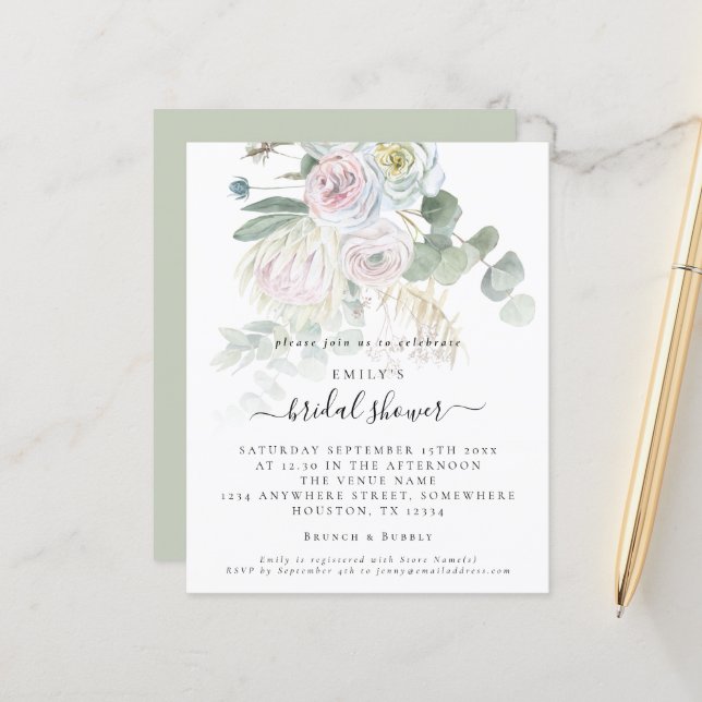 Budget Boho Floral Eucalyptus Bridal Shower Invite (Front/Back In Situ)
