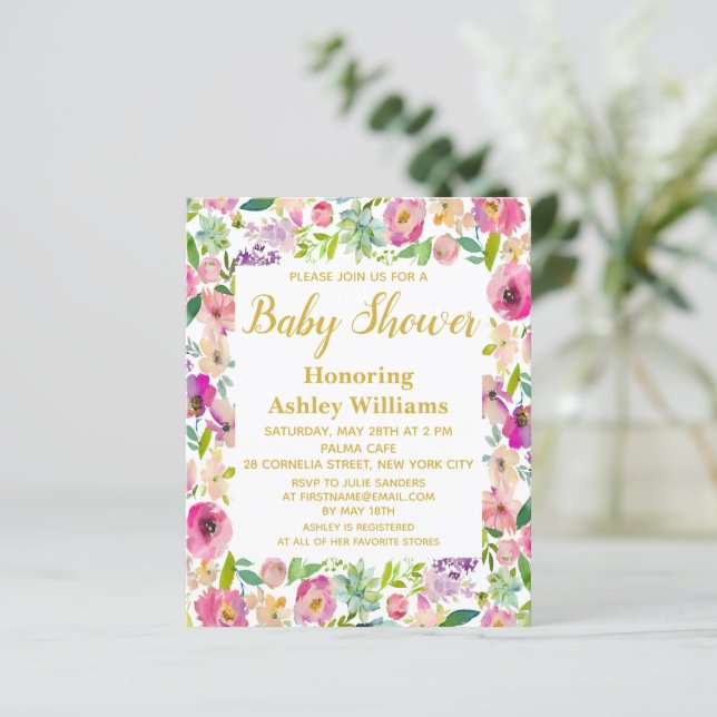 Budget Boho Floral Frame Baby Shower Invitations (Standing Front)