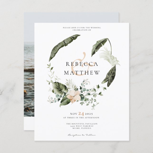 Budget Boho Floral Greenery Wedding Photo Invite  (Front/Back)