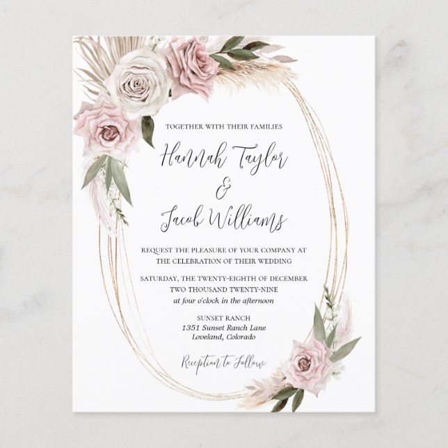 Budget Boho Floral Pampas Grass Wedding Invitation (Front)