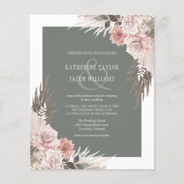 Budget Boho Floral Sage Green Wedding Invitation (Front)