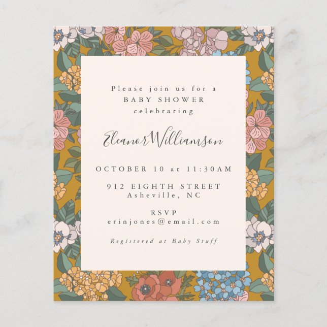 Budget Boho Floral Yellow Baby Shower Invite (Front)