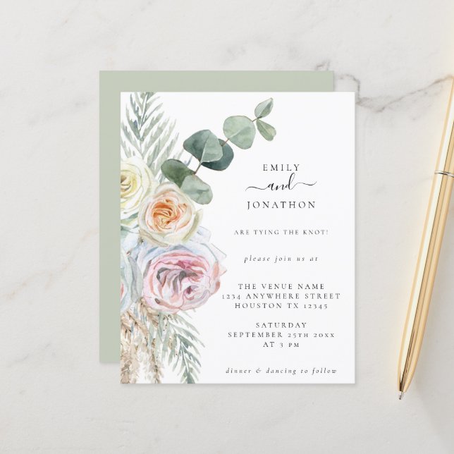 Budget Boho Florals Eucalyptus Wedding Invitation (Front/Back In Situ)