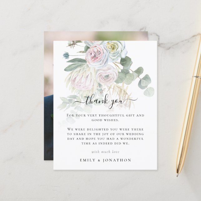 Budget Boho Florals Leaves Photo Wedding Thank You (Front/Back In Situ)