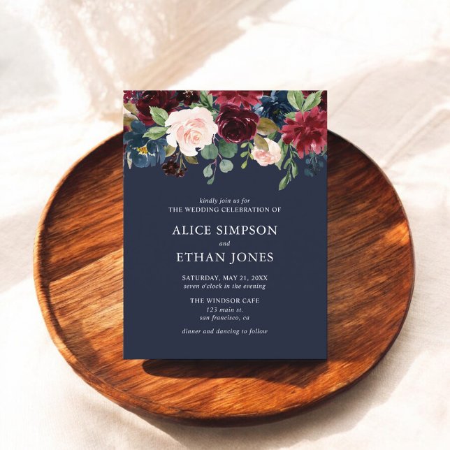 Budget Boho Navy Blue Burgundy Floral Wedding Invitation Postcard (Creator Uploaded)