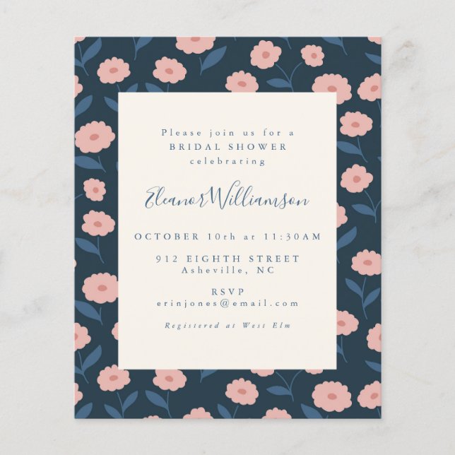 Budget Boho Navy Flowers Bridal Shower Invite (Front)