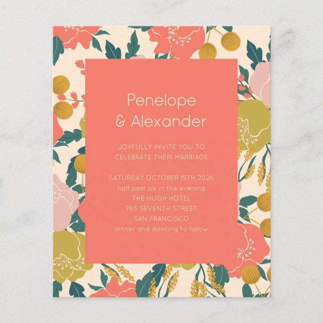 Budget Boho Orange Botanical Wedding Invitation (Front)