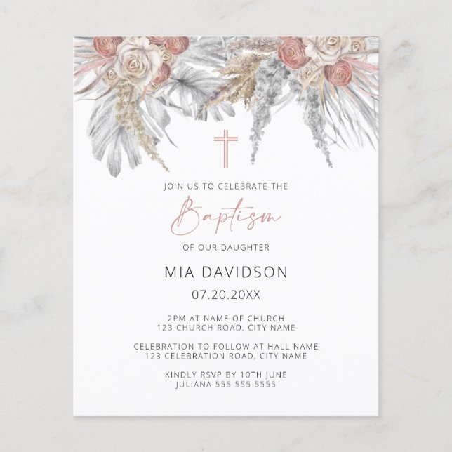 Budget Boho Palm Pink Pampas Baptism Invite Flyer (Front)