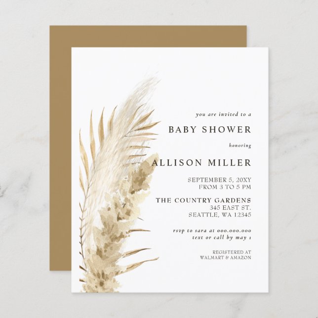 Budget  Boho Pampas Baby Shower Invitation (Front/Back)