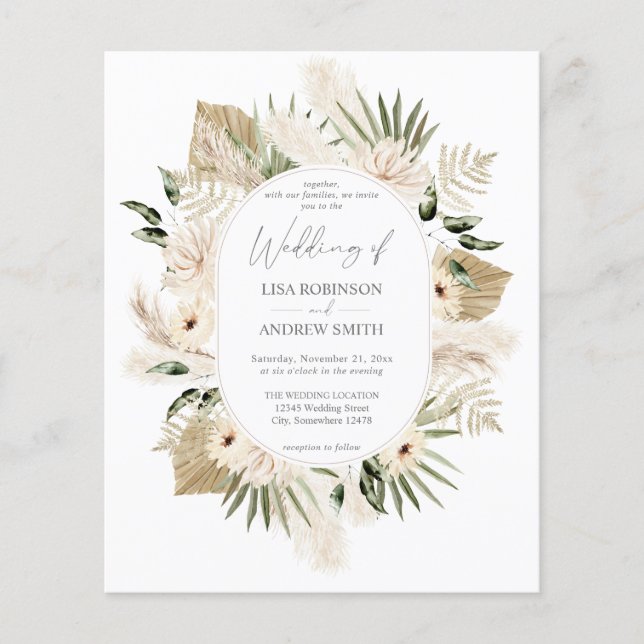 Budget Boho Pampas Grass & Beige Floral Wedding Flyer (Front)