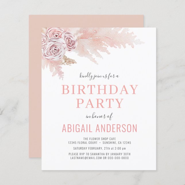 Budget Boho Pampas Grass Birthday Party Invitation (Front/Back)