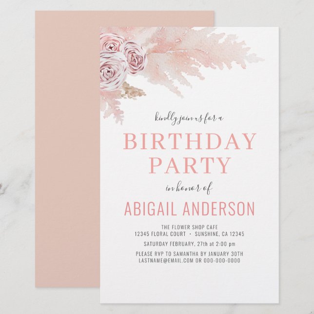 Budget Boho Pampas Grass Birthday Party Invitation (Front/Back)