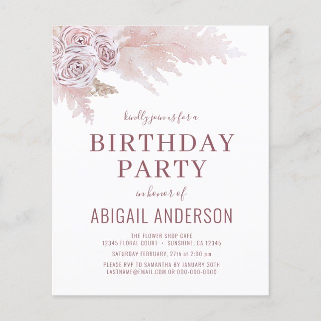 Budget Boho Pampas Grass Birthday Party Invitation Flyer (Front)