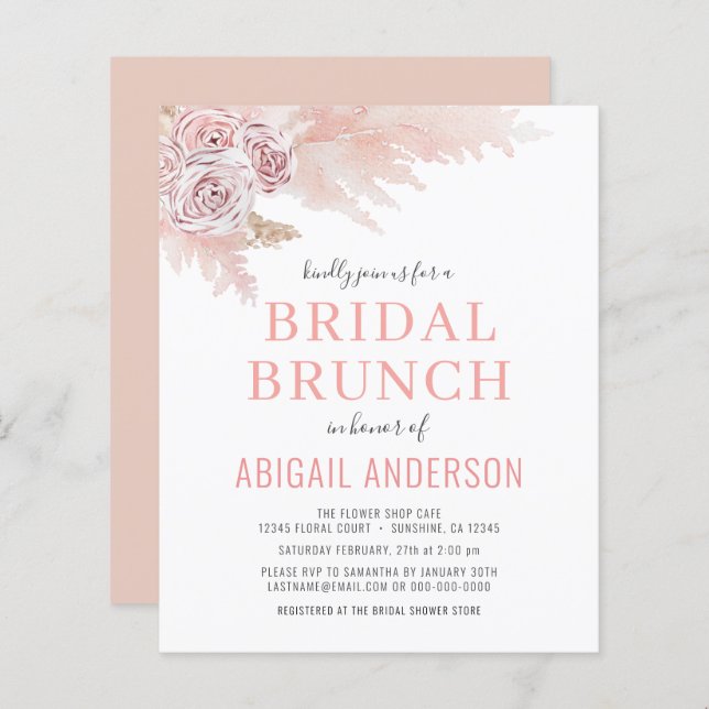 Budget Boho Pampas Grass Bridal Brunch Invitation (Front/Back)