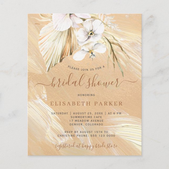 Budget boho pampas grass bridal shower invitation (Front)
