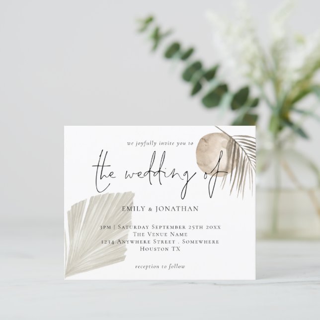 Budget Boho Pampas Grass Cream Wedding Invitation (Standing Front)