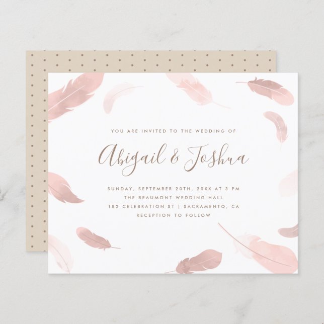 Budget Boho Pink Watercolor Feathers Wedding (Front/Back)