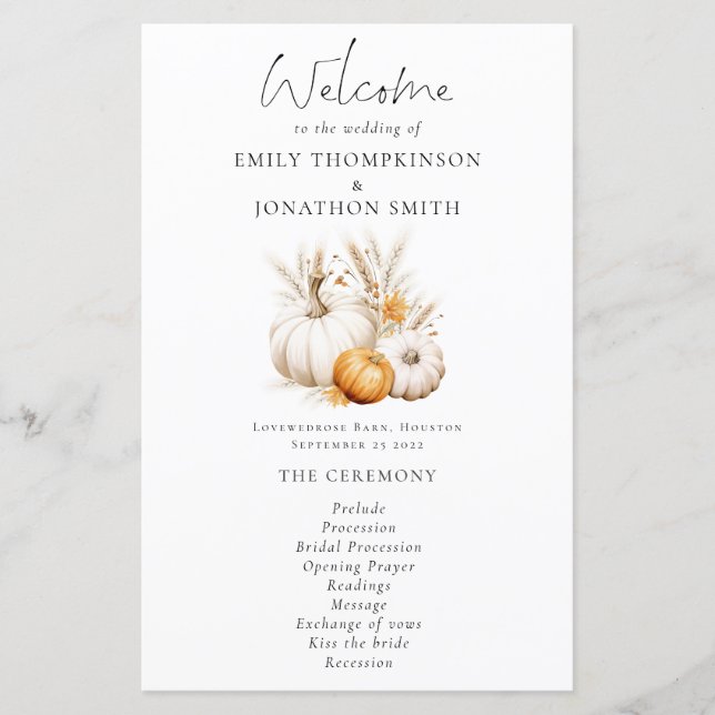 Budget Boho Pumpkins Pampas Wedding Program (Front)