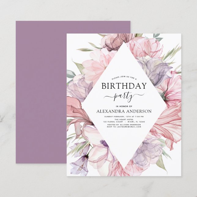 Budget Boho Purple Any Age Birthday Floral (Front/Back)