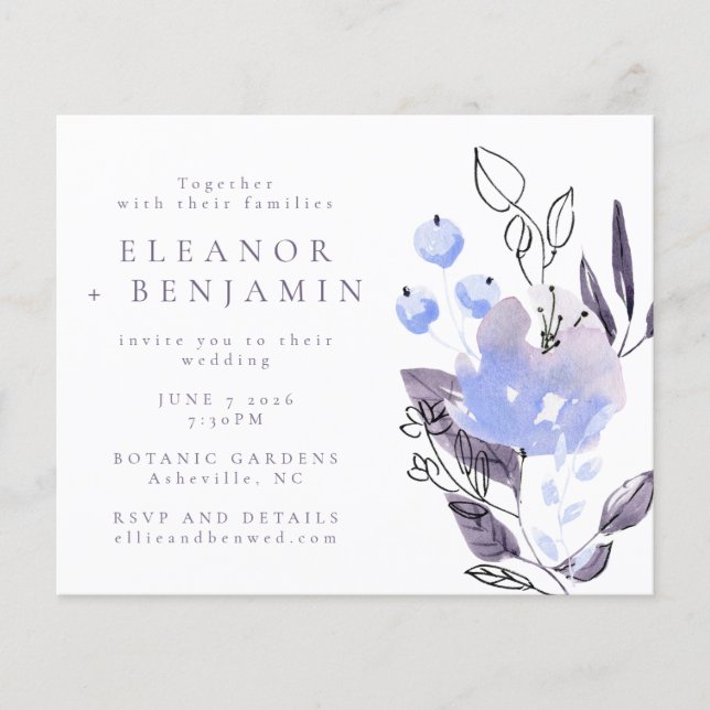 Budget Boho Purple Blue Floral Wedding Invitation (Front)