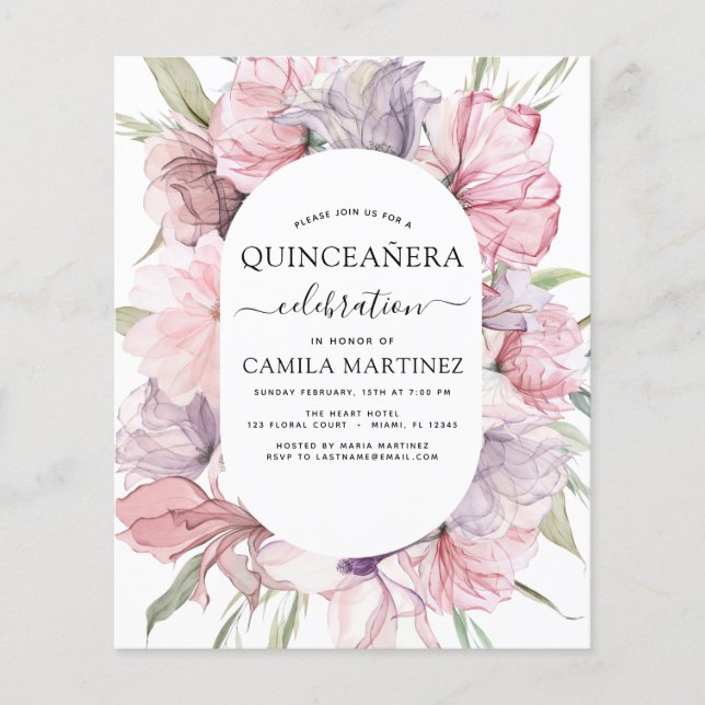 Budget Boho Purple Quinceañera Dusty Pink Floral Flyer (Front)