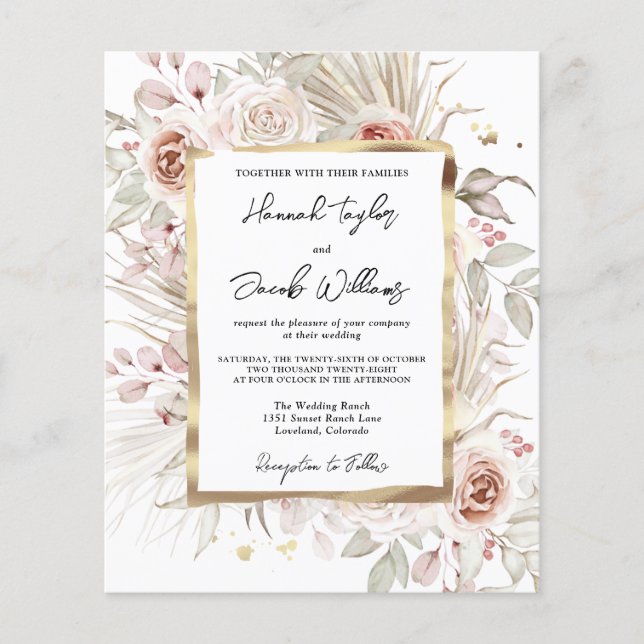Budget Boho Rustic Floral Wedding Invitation (Front)