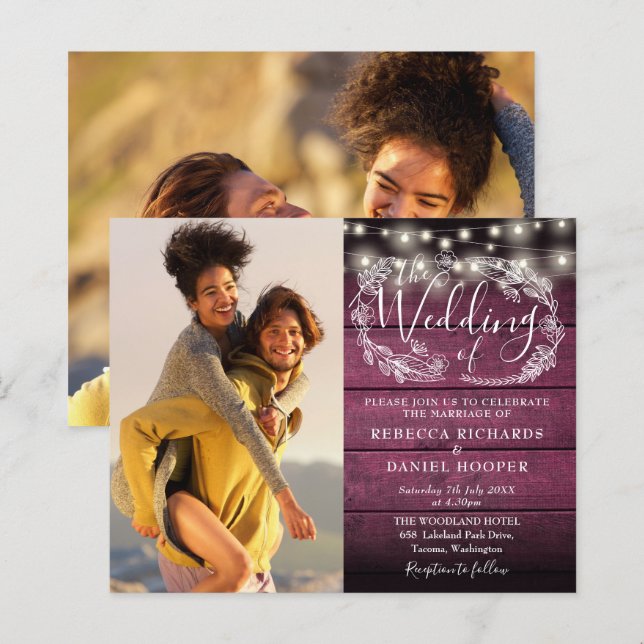 Budget Boho Rustic Lights 2 Photo Wedding Invite (Front/Back)