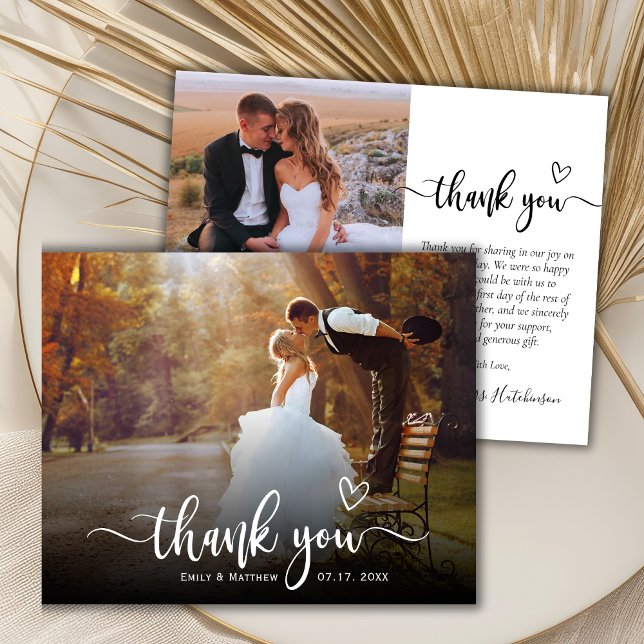 Budget Boho Script Heart 2 Photo Wedding Thank You (Creator Uploaded)