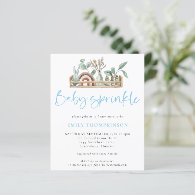 Budget Boho Shelf Toys Boy Baby Sprinkle Invite (Standing Front)