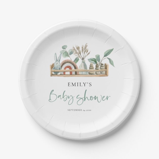 Budget Boho Shelf Toys Sage Baby Shower Paper Plate (Front)