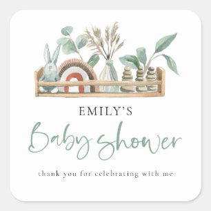 Budget Boho Shelf Toys Sage Baby Shower thank you Square Sticker