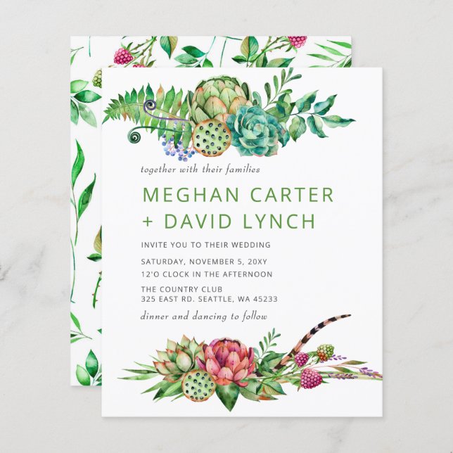 Budget Boho Succulent Cactus Wedding Invitation (Front/Back)