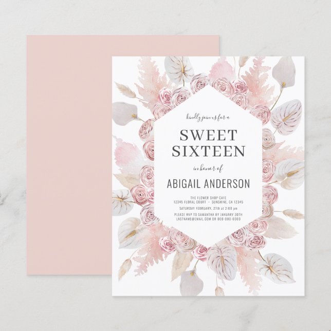 Budget Boho Sweet Sixteen Modern Invitation (Front/Back)