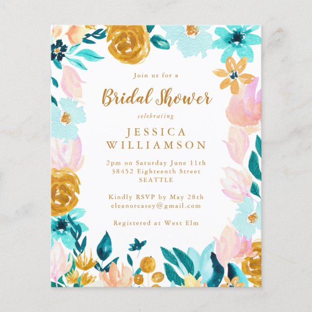 Budget Boho Teal Watercolor Floral Bridal Shower (Front)