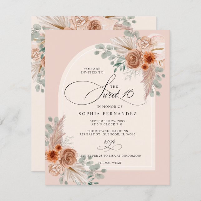 Budget Boho Terracotta Pampas Sweet 16 Invitation (Front/Back)