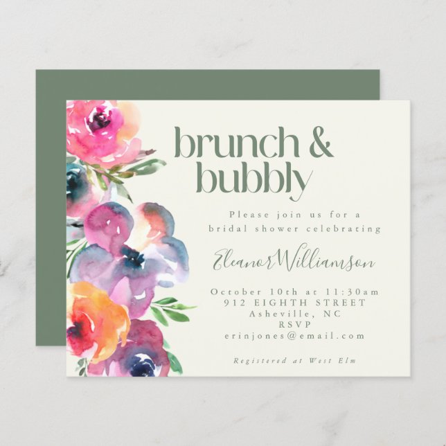 Budget Boho Watercolor Flower Bridal Shower Brunch (Front/Back)