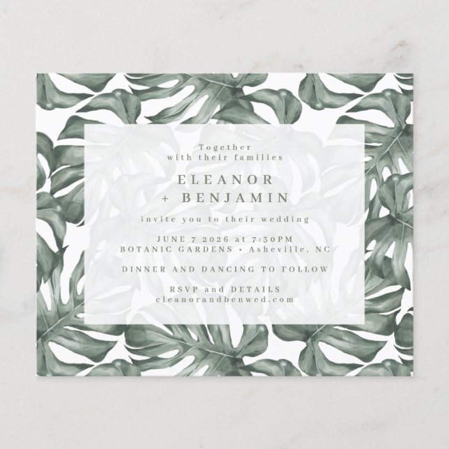 Budget Boho Watercolor Monstera Wedding Invite (Front)