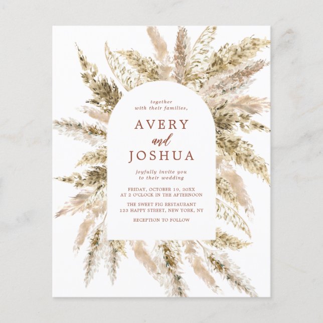 Budget Boho Watercolor Pampas Grass Wedding Flyer (Front)