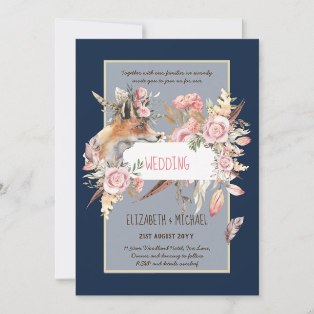 BUDGET Boho Woodland FOX Floral Wedding Modern Invitation (Front)