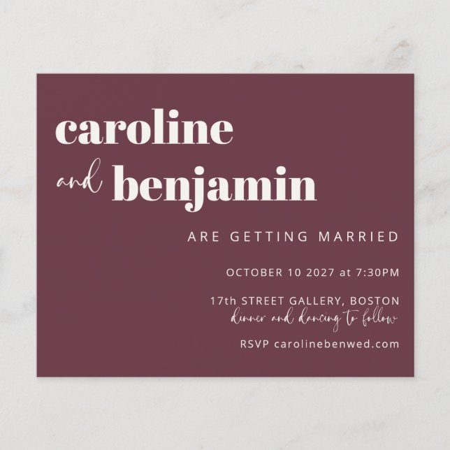 Budget Bold Burgundy Chic Modern Wedding Invite (Front)