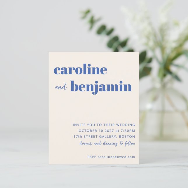 Budget Bold Ecru Blue Modern Wedding Invitation (Standing Front)