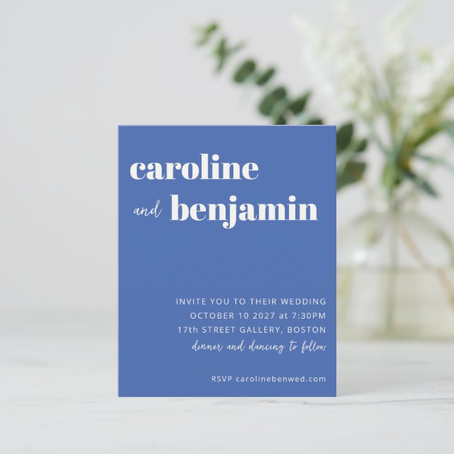 Budget Bold French Blue Modern Wedding Invitation (Standing Front)
