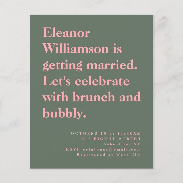 Budget Bold Pink and Green Bridal Brunch Invite (Front)