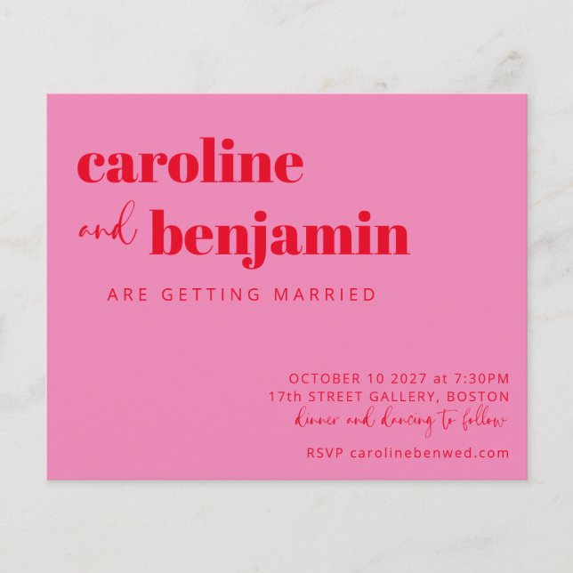 Budget Bold Pink Red Modern Wedding Invitation (Front)