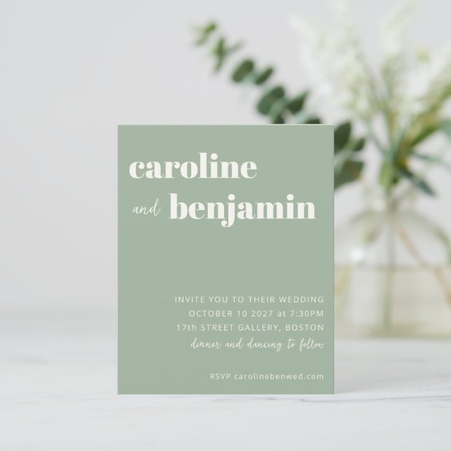 Budget Bold Sage Green Modern Wedding Invitation (Standing Front)