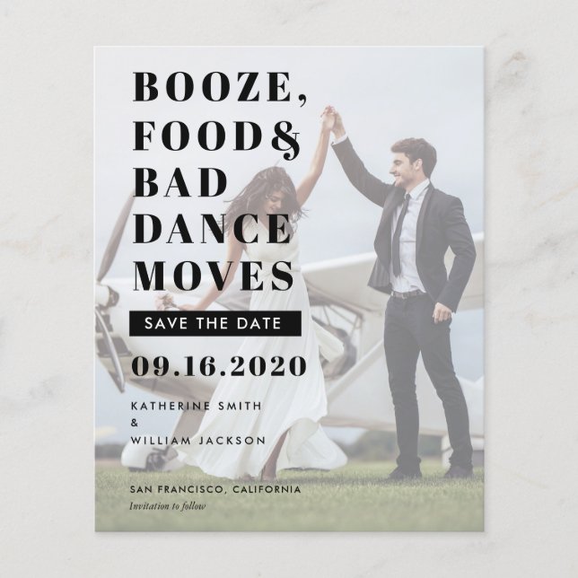 Budget Booze Food Bad Dance Moves Save The Date Flyer (Front)