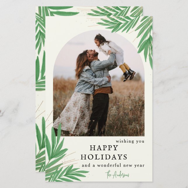 Budget Botanical Arch Greenery Photo Holiday Card (Front/Back)
