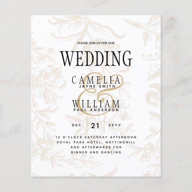 BUDGET BOTANICAL BLACK GOLD Wedding Invite Flyer (Front)