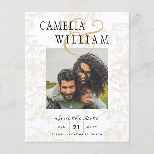 BUDGET BOTANICAL BLACK GOLD Wedding Save the Date Flyer (Front)