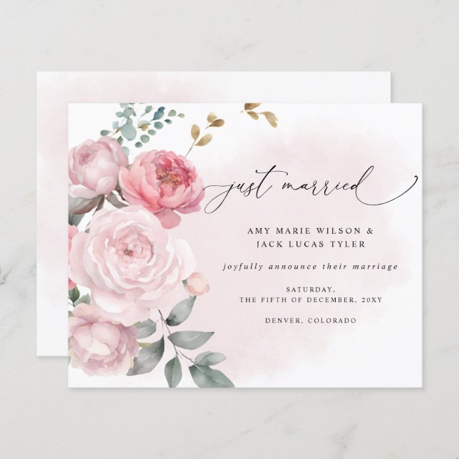 Budget Botanical Blush Floral Wedding Announcement (Front/Back)